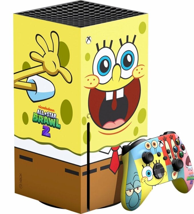 the spongebob-themed xbox series x next to a matching controller