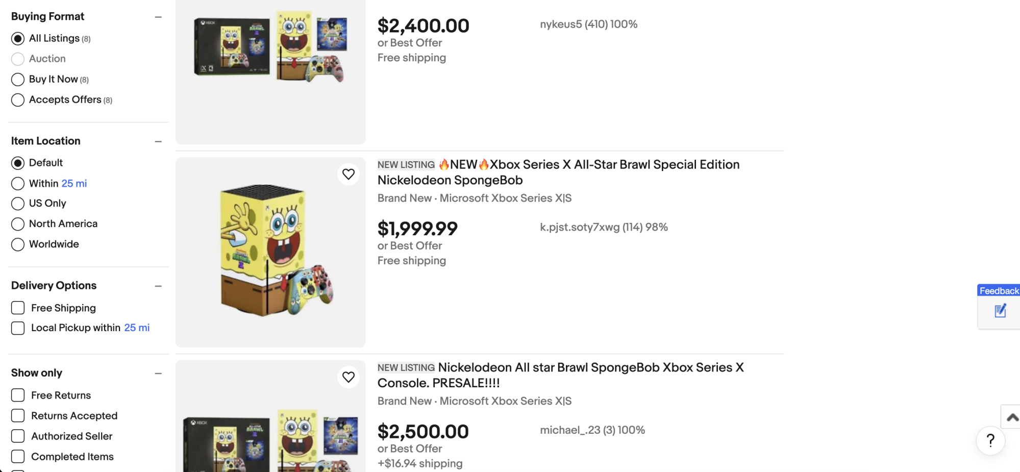 Screenshot of SpongeBob Xbox eBay listings.