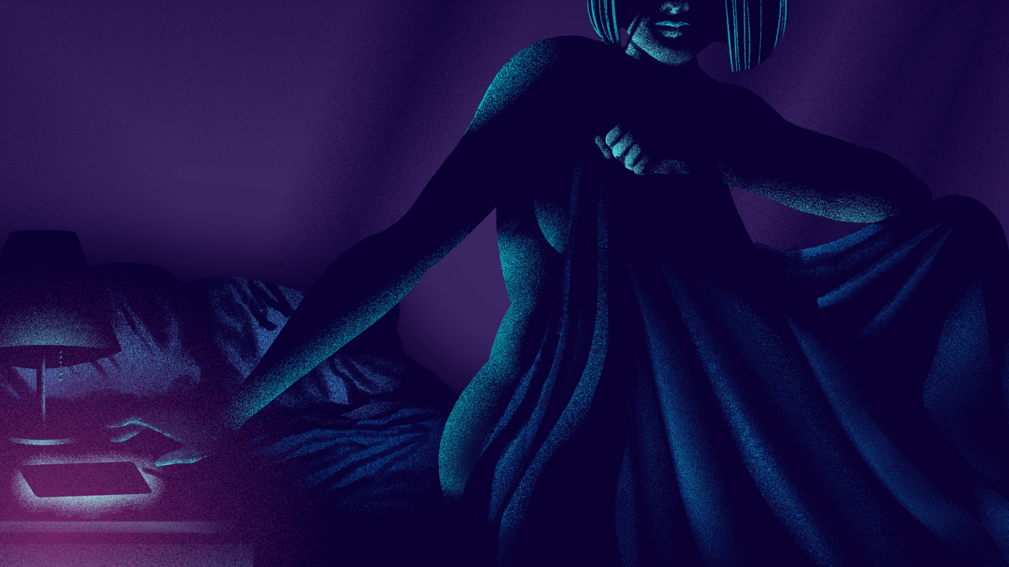 A woman in dark silhouette with a phone nearby.