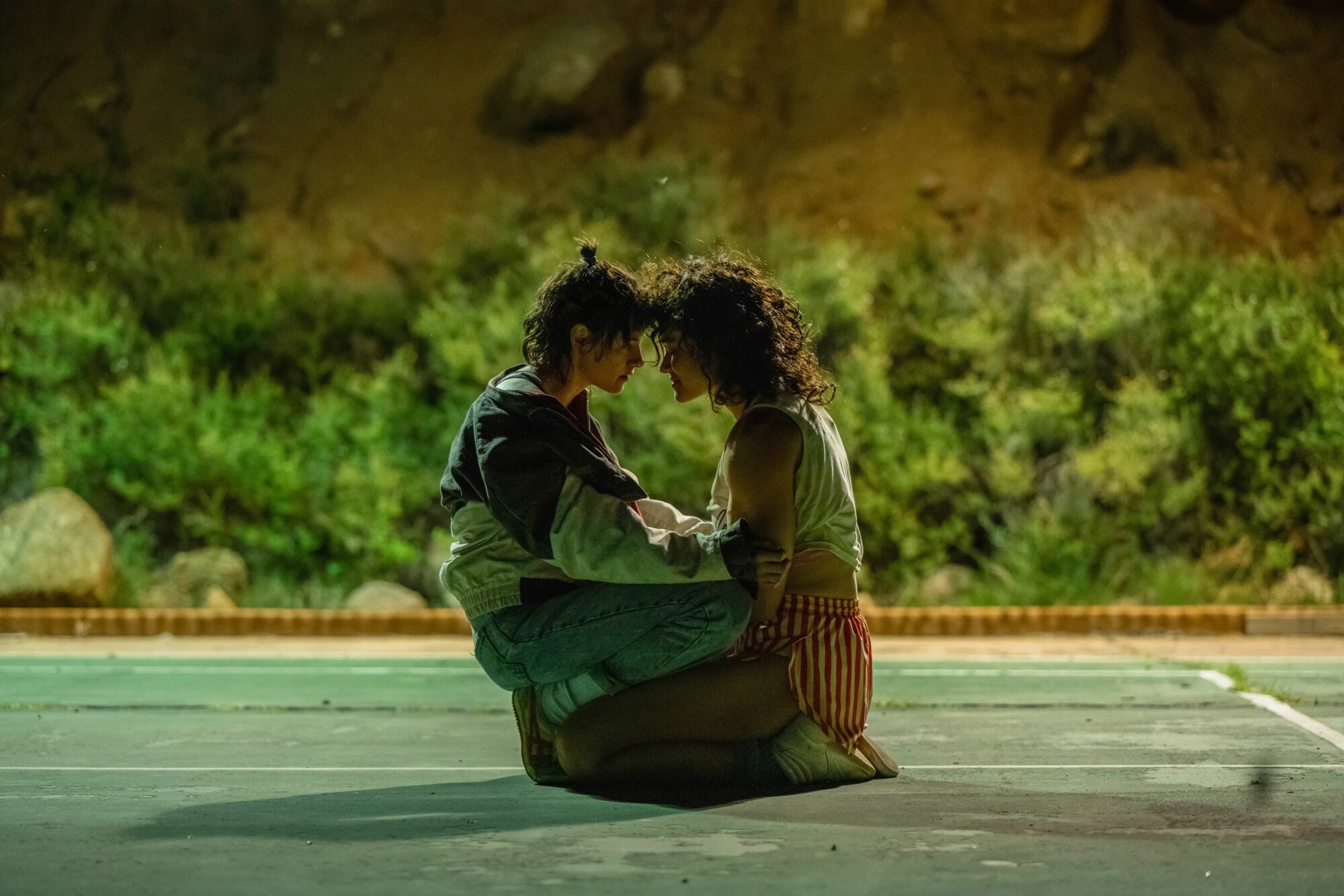 Katy O'Brian and Kristen Stewart in "Love Lies Bleeding."