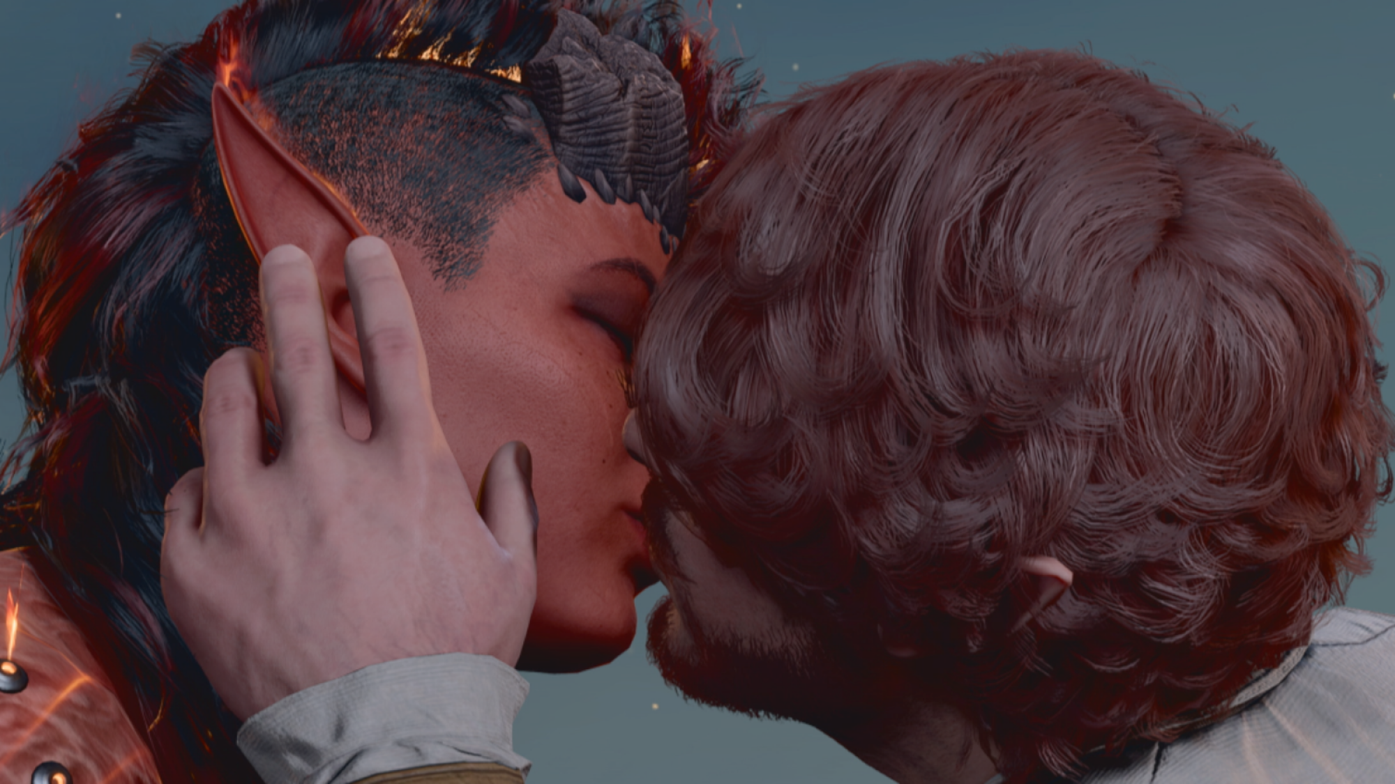 Two characters kissing in "Baldur's Gate 3."