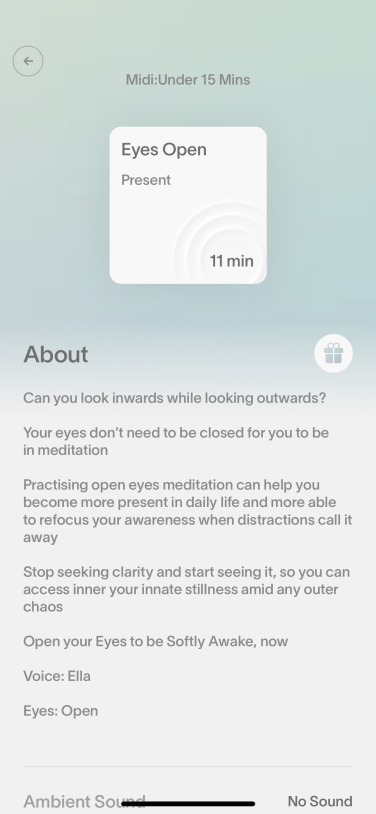 A screenshot of the app showing guided meditation description, titled "eyes open."
