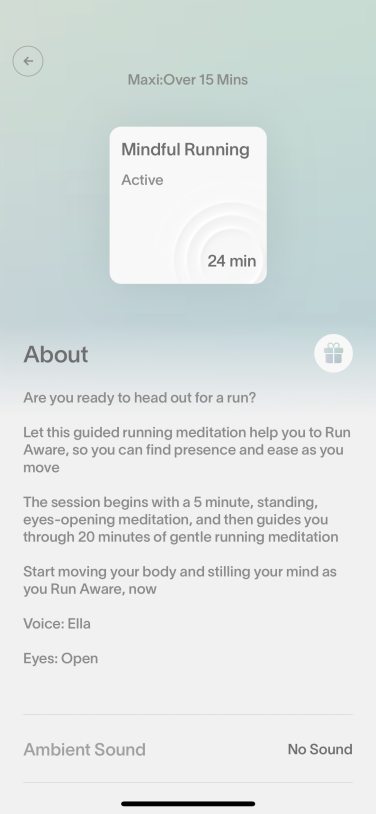 A screenshot of the app showing guided meditation description, titled "mindful running."