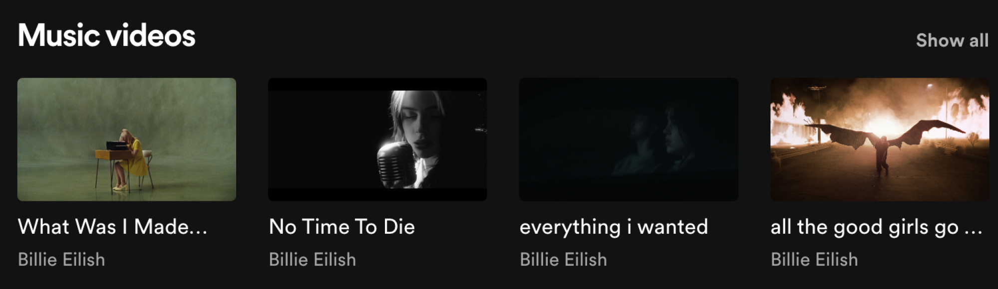 A screenshot showing Billie Eilish's music videos.