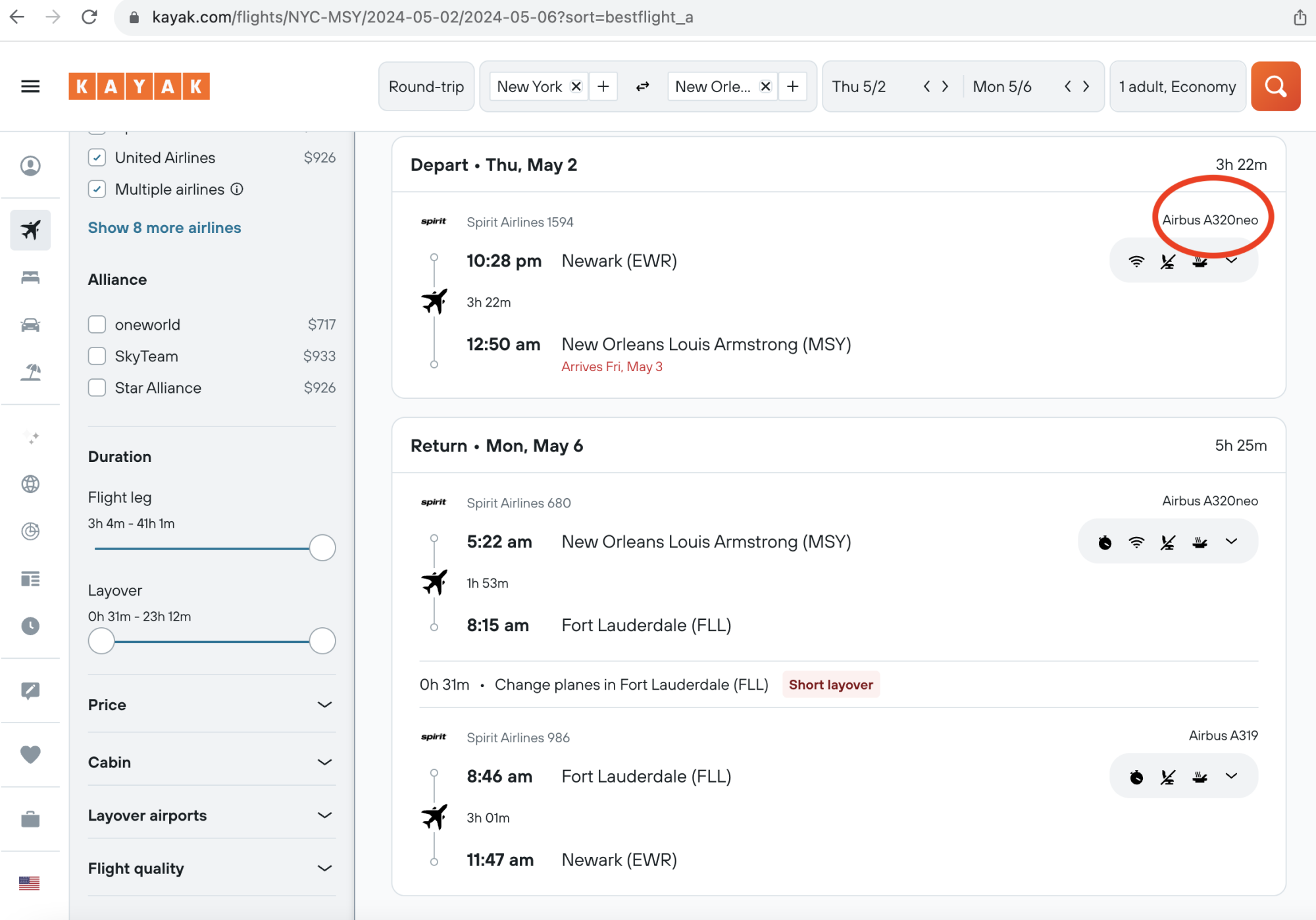 screenshot of flight info showing the aircraft type on google flights