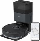 Black Roborock robot vacuum on dock and smartphone with 3D home map on screen
