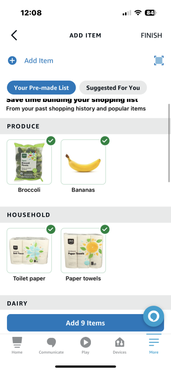 A screenshot of the Alexa app's grocery list feature with images of grocery staples.