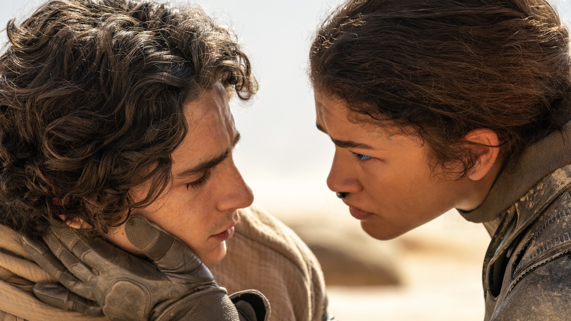 Paul Atreides and Chani embrace in the desert.