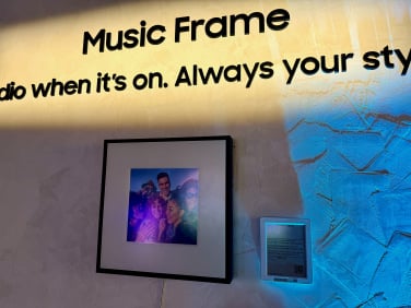 Samsung Music Frame speaker. Text reads: 'Music Frame, audio when it's on, Always your style.'