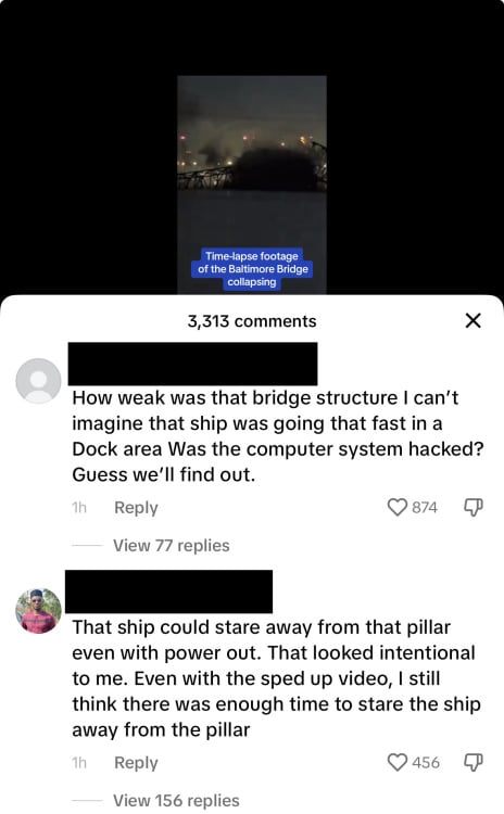 screenshot of tiktok comments about bridge collapsing