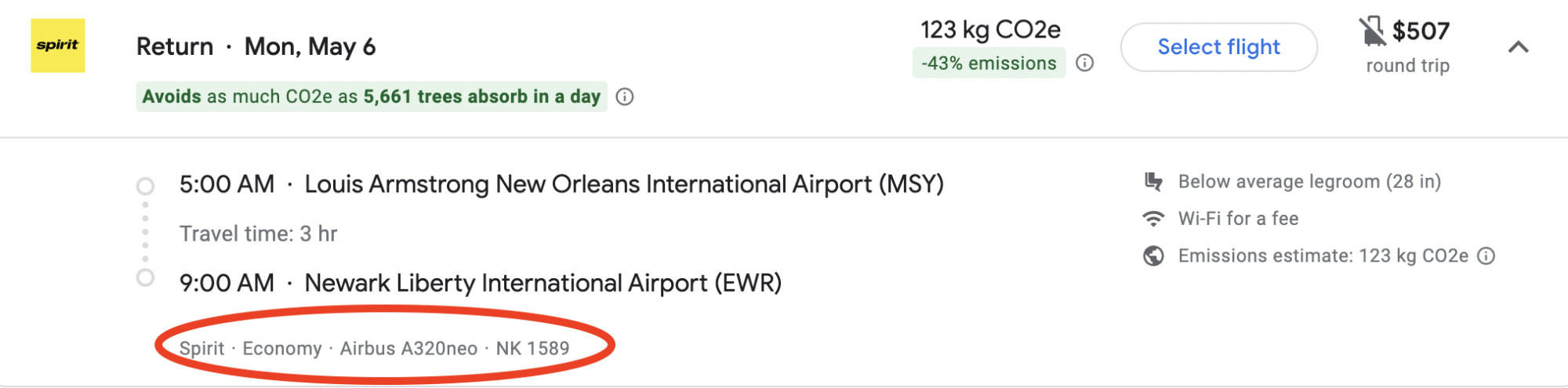 screenshot of flight info showing the aircraft type on google flights