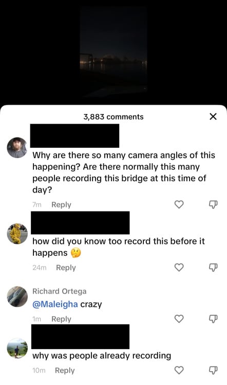 screenshot of tiktok comments questioning how the accident was filmed