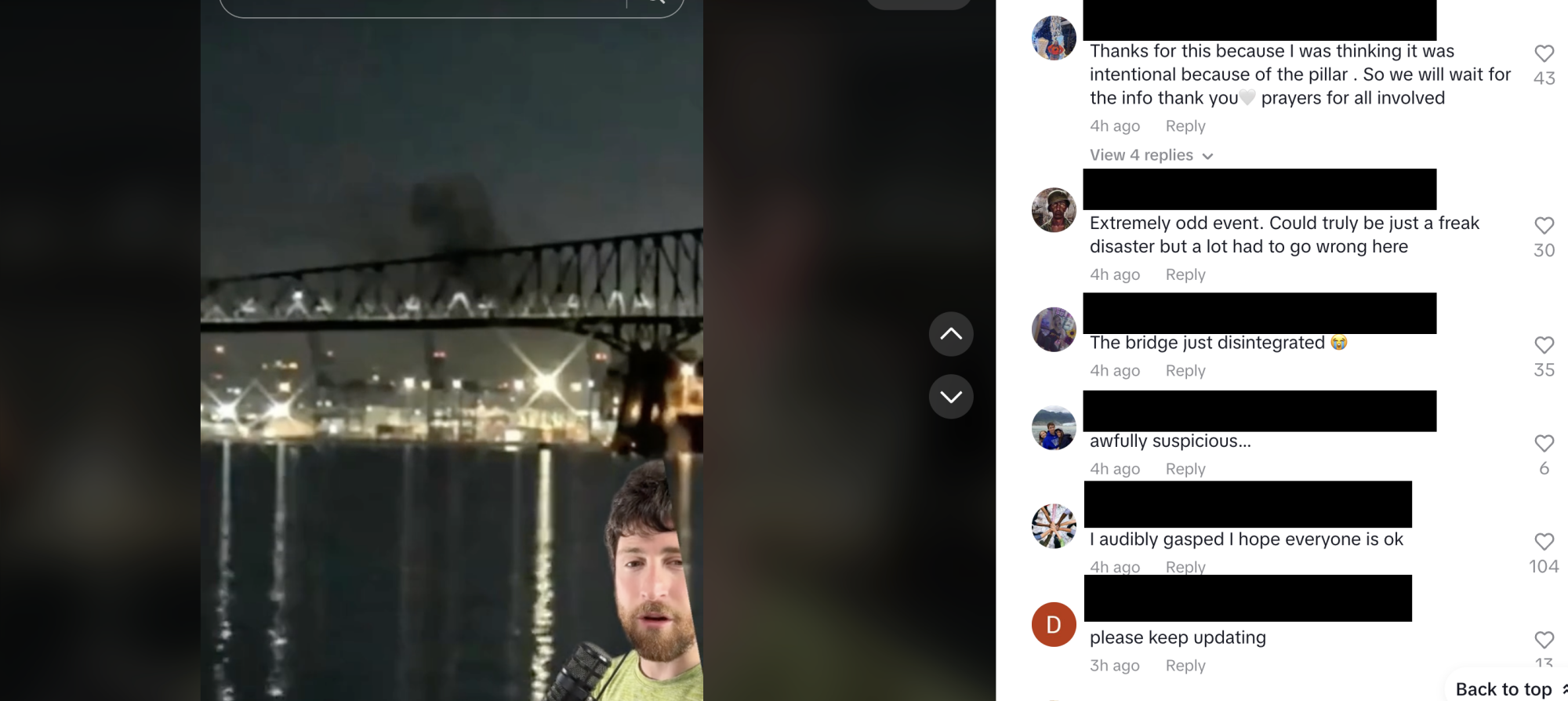 screenshot of tiktok comments about bridge collapsing