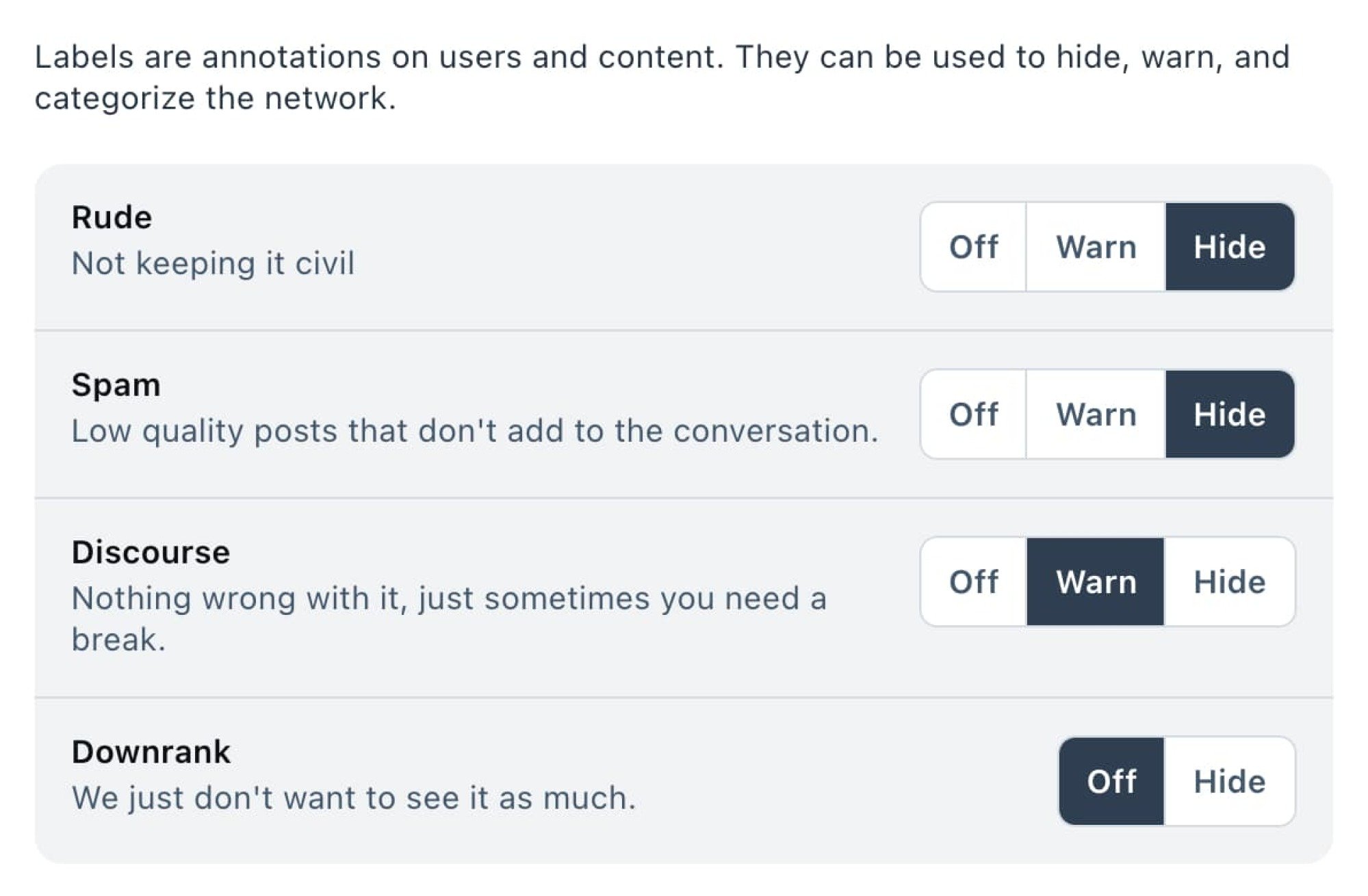 A screenshot of Bluesky's moderation filters.