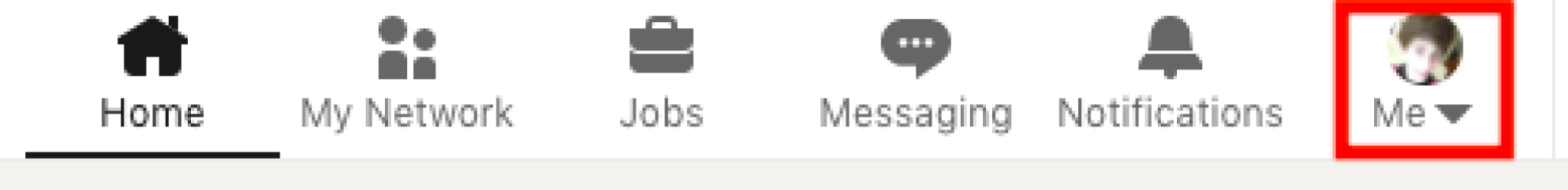 Screenshot of the LinkedIn homepage menu with the "Me" link highlighted.