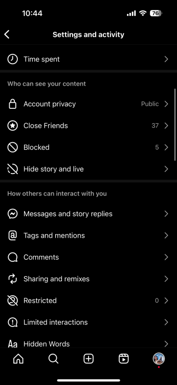 Navigate to "settings and privacy" in Instagram