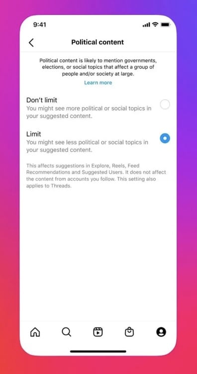A screenshot of Instagram settings.
