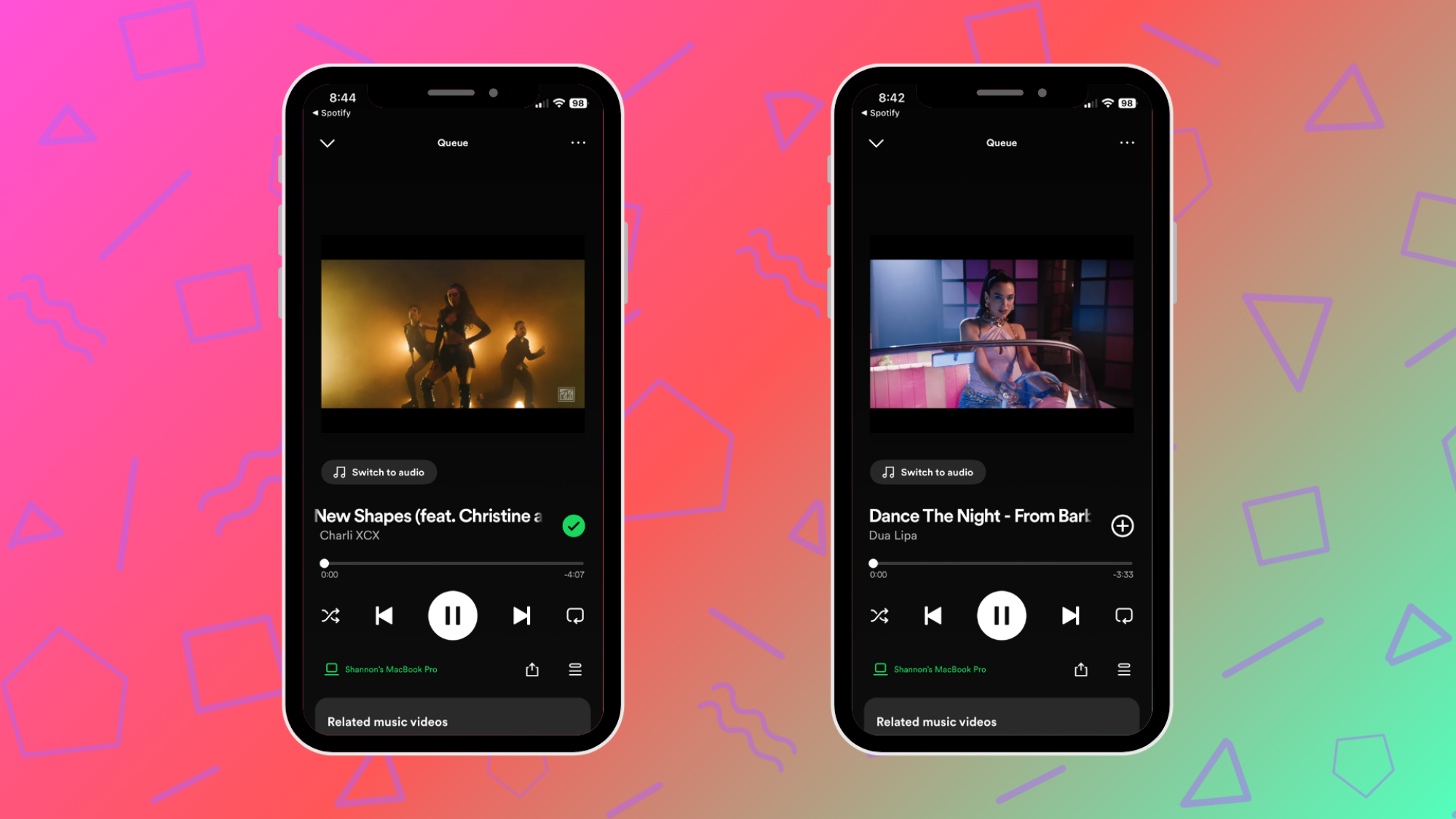 A mock up of two phones showing the Spotify "switch to video" option.