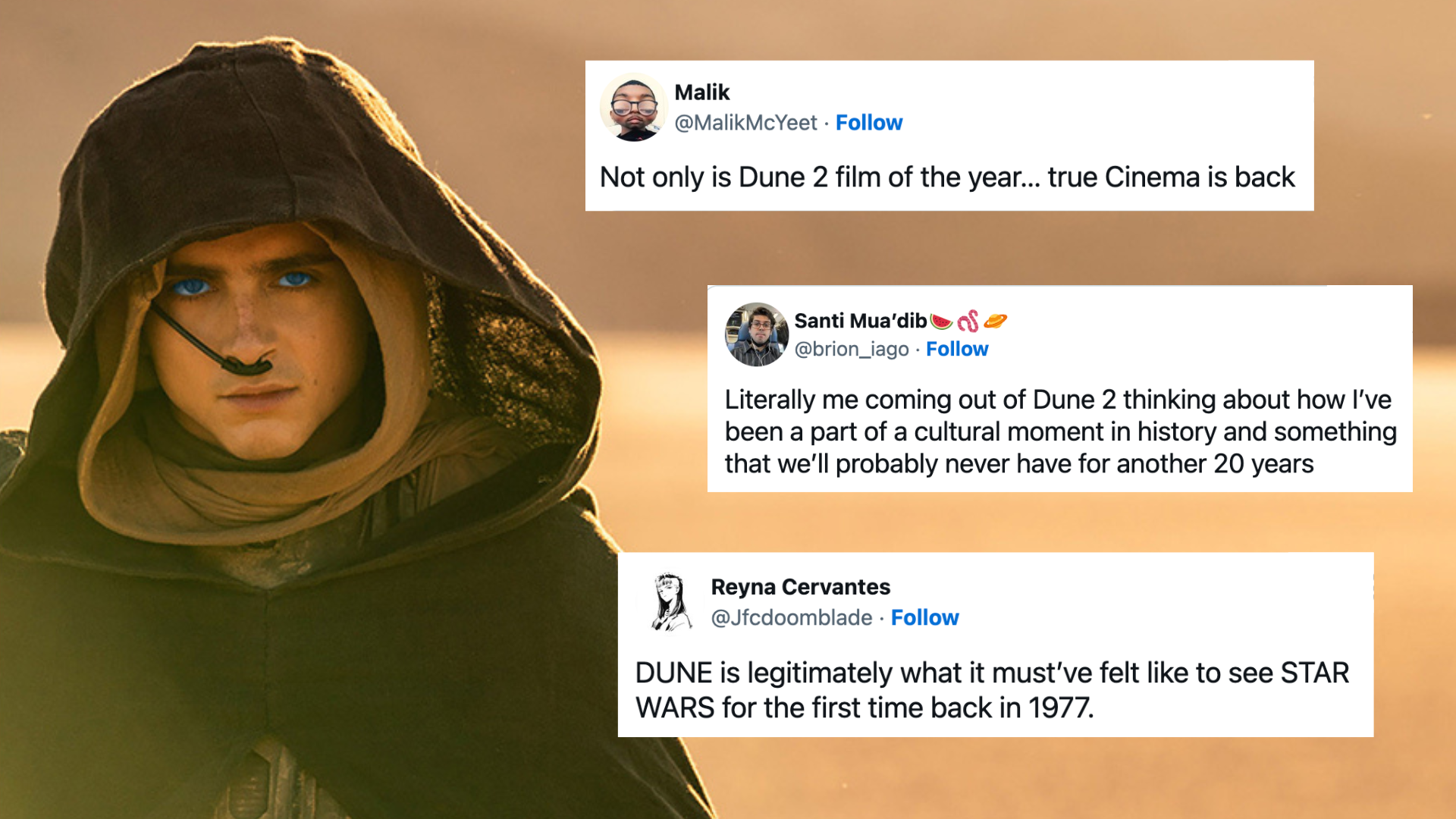Timothee Chalamet as Paul in Dune: Part Two. Next to him are screenshots of tweets embedded in this article