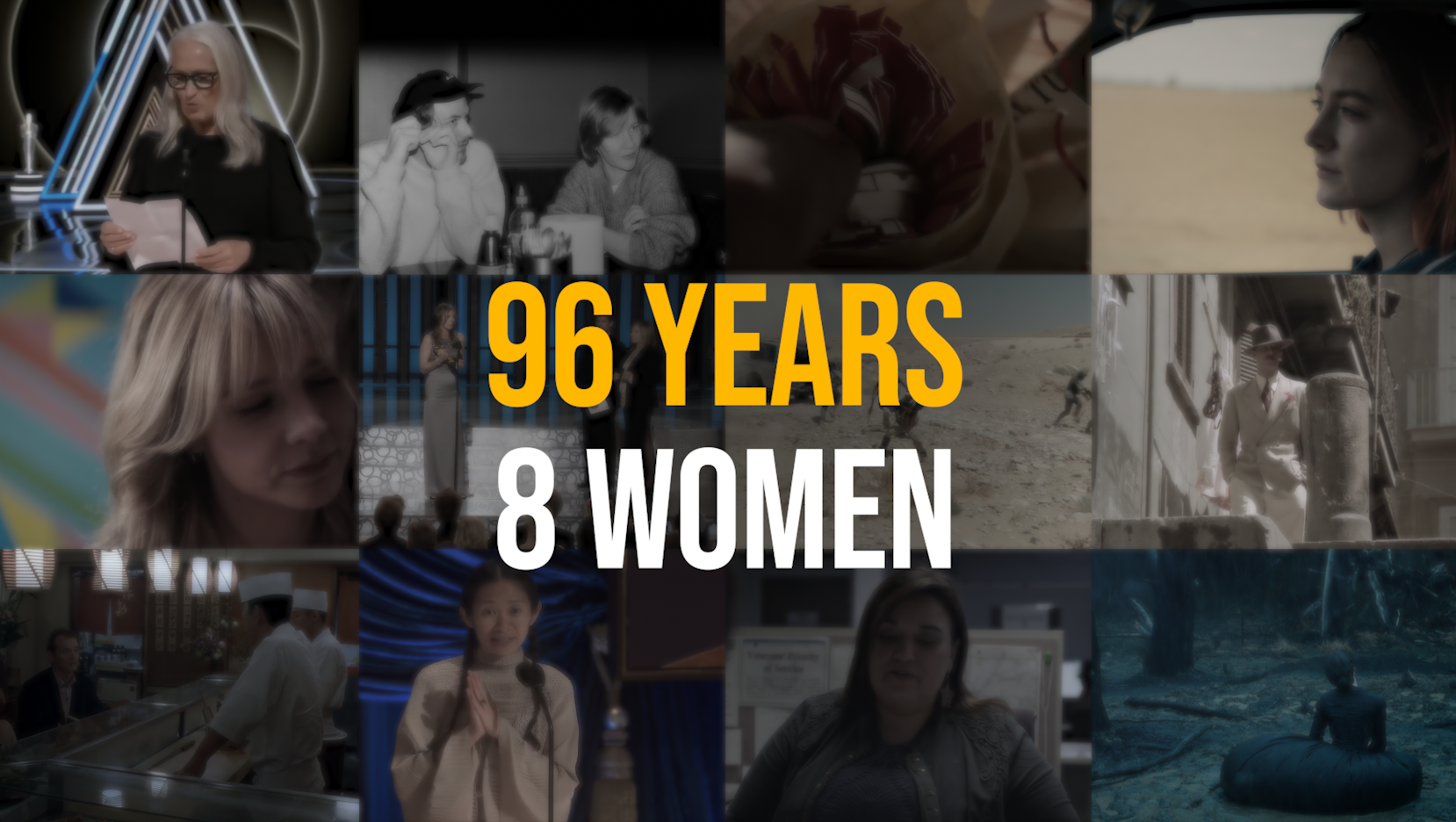 a collage of the female directors and the films that got them Best Director nominations. Caption reads: 96 years (in yellow font), 8 women (in white)