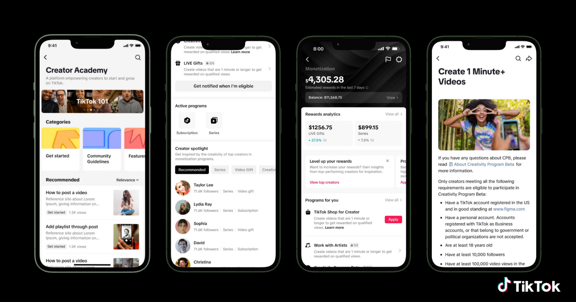 Screenshots of the TikTok app, with its new creator academy and creator rewards program on display.