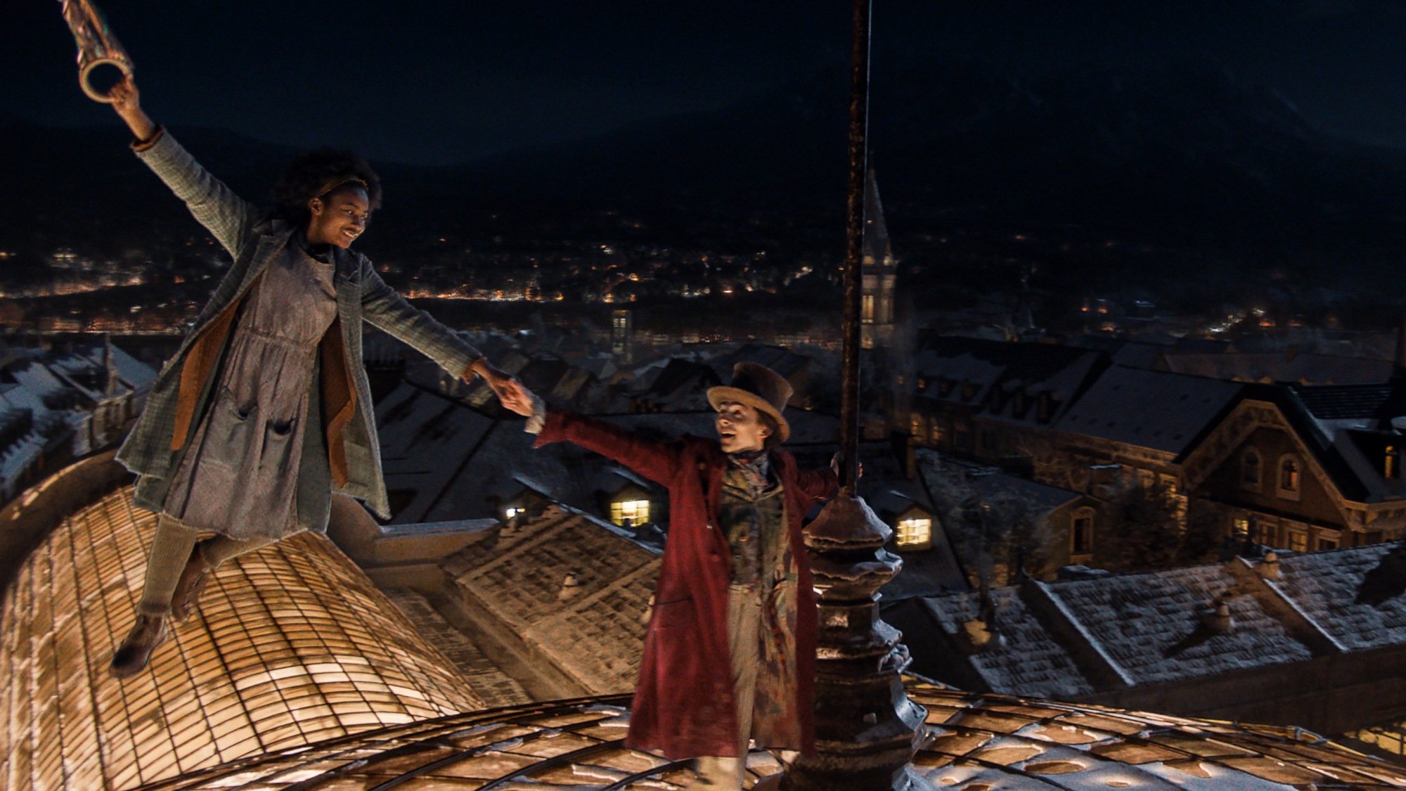 Timothée Chalamet as Willy Wonka, Calah Lane as Noodle in "Wonka."