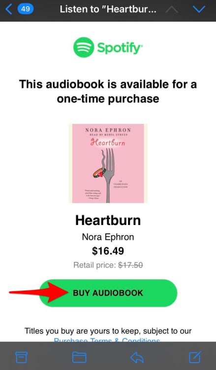 The email you receive from Spotify to buy an audiobook.