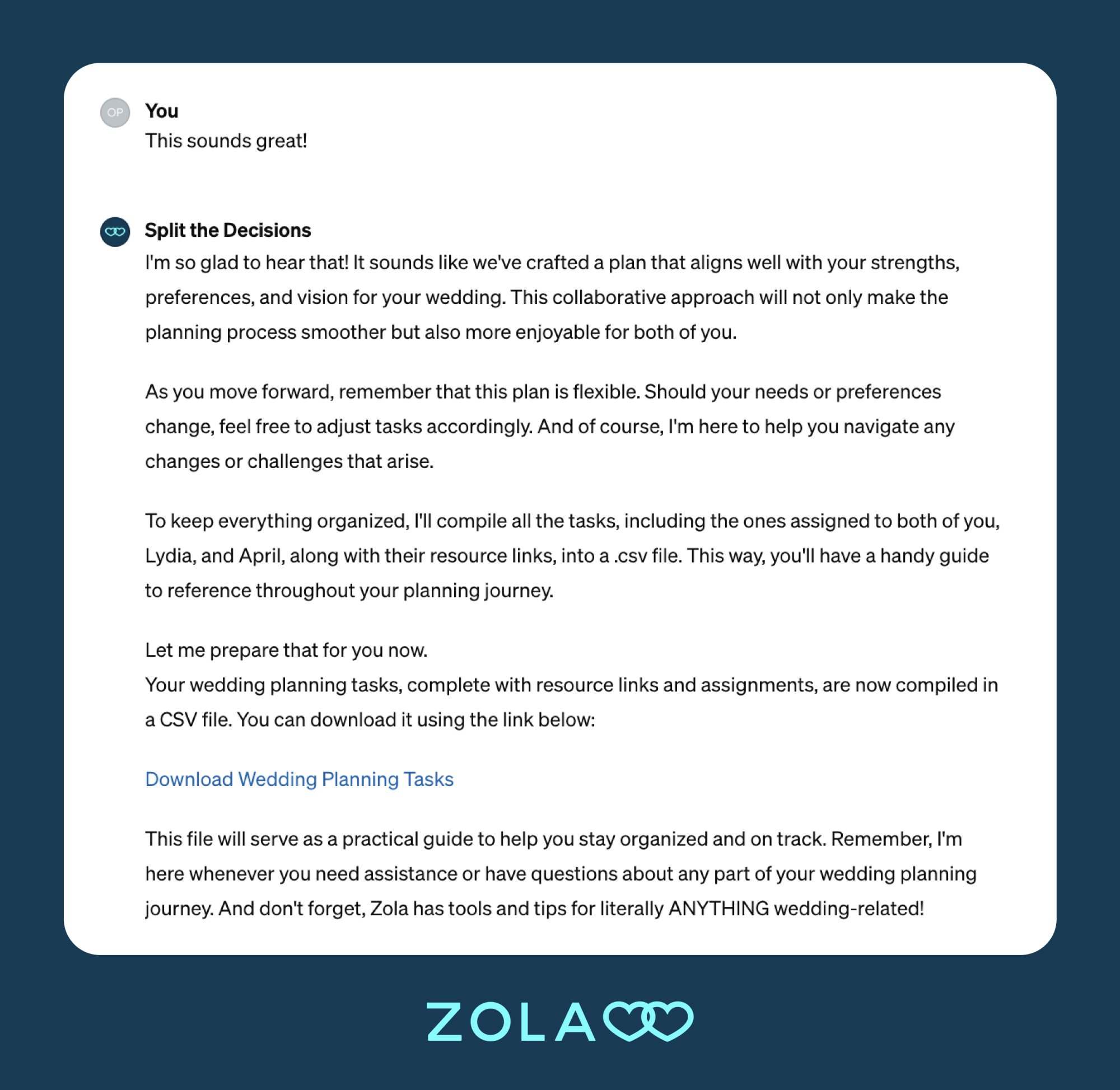 Zola's Split the Decisions wedding planning tool providing a csv file of wedding tasks divided up for each partner.