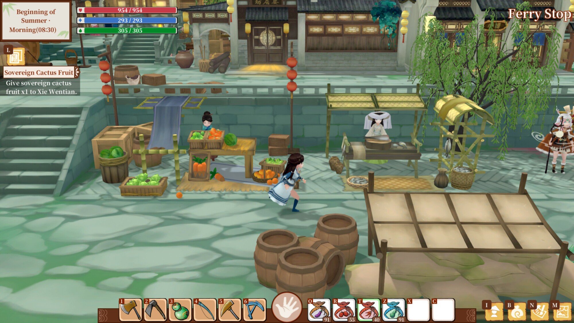The player character in 'Immortal Life' running through town, past stallholders.