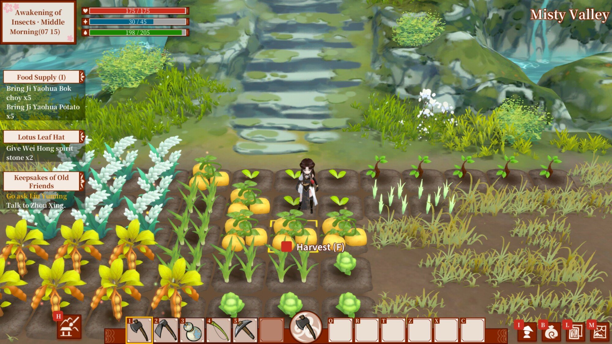 A screenshot of 'Immortal Life' showing the player character standing in the field on her farm. She is surrounded by both growing crops and weeds.
