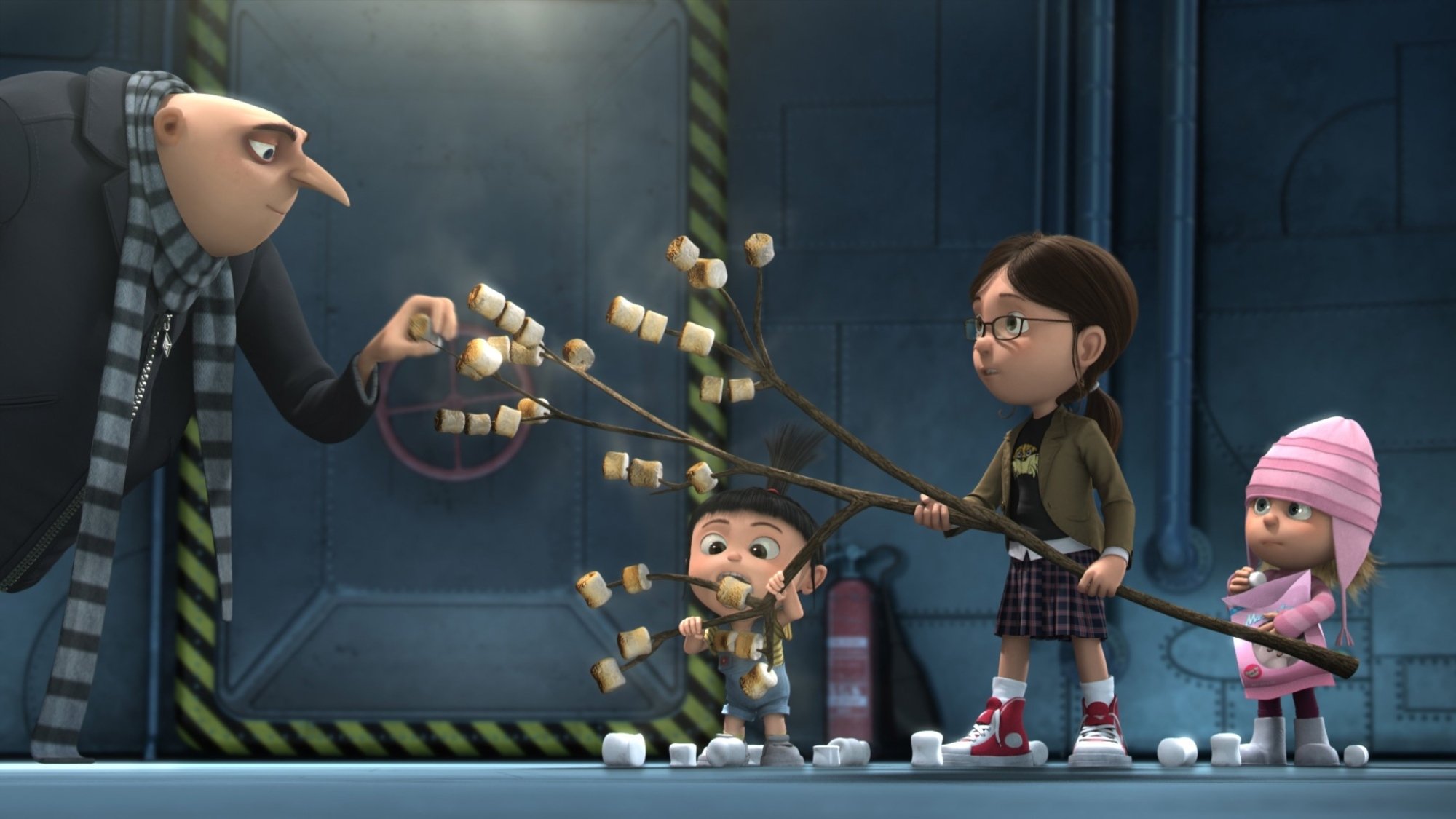 Steve Carell, Elsie Kate Fisher, Miranda Cosgrove, and Dana Gaier in "Despicable Me."