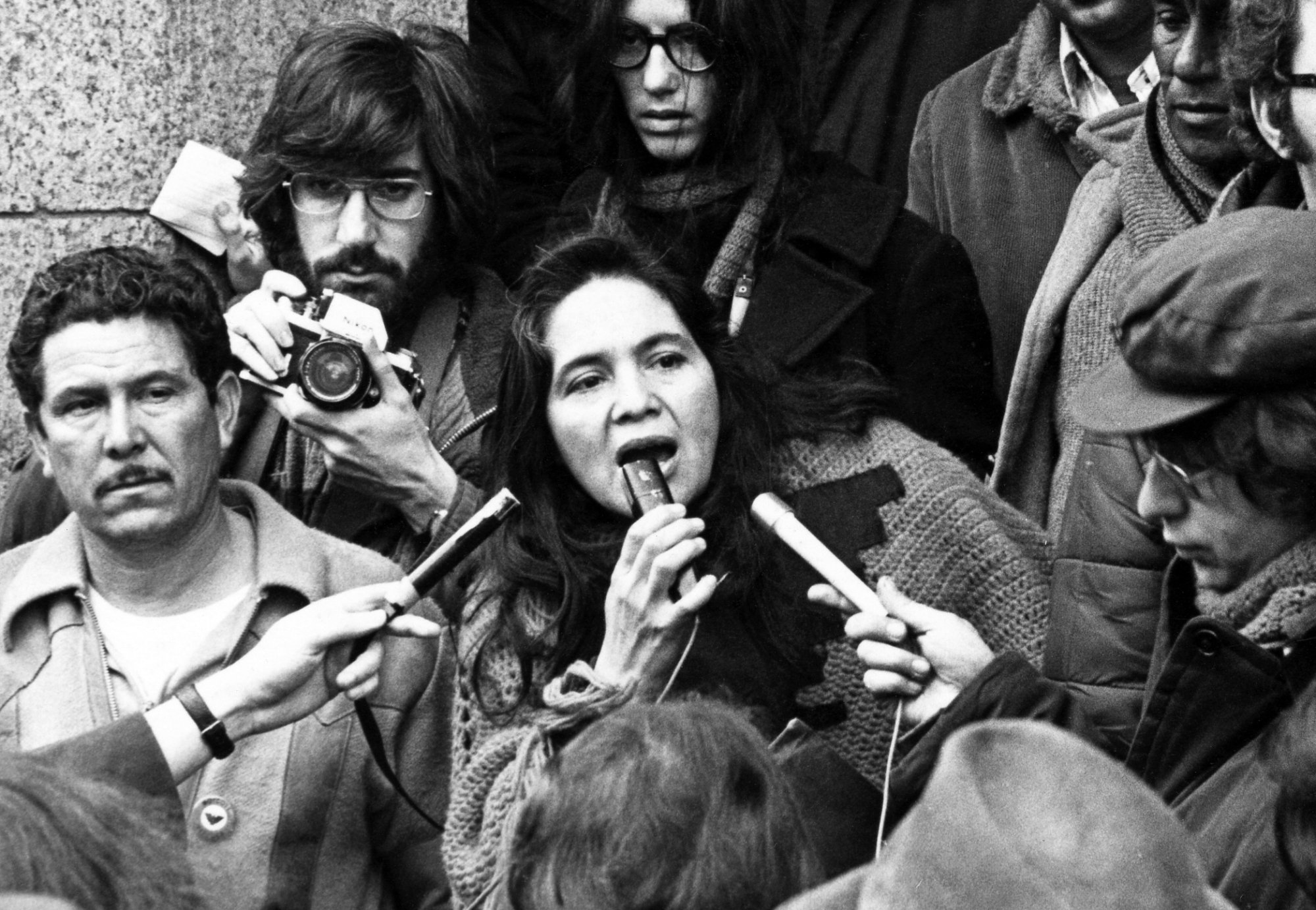 United Farm Workers leader Dolores Huerta organizing marchers on the second day of March in Coachella, 1969.