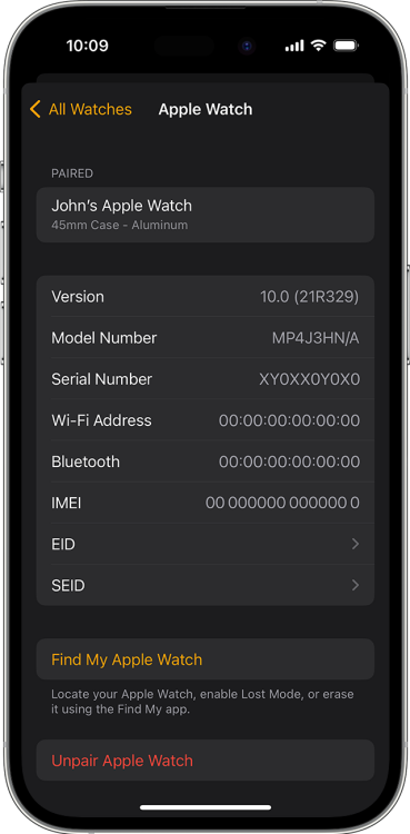 iphone showing info about apple watch, including the option to unpair