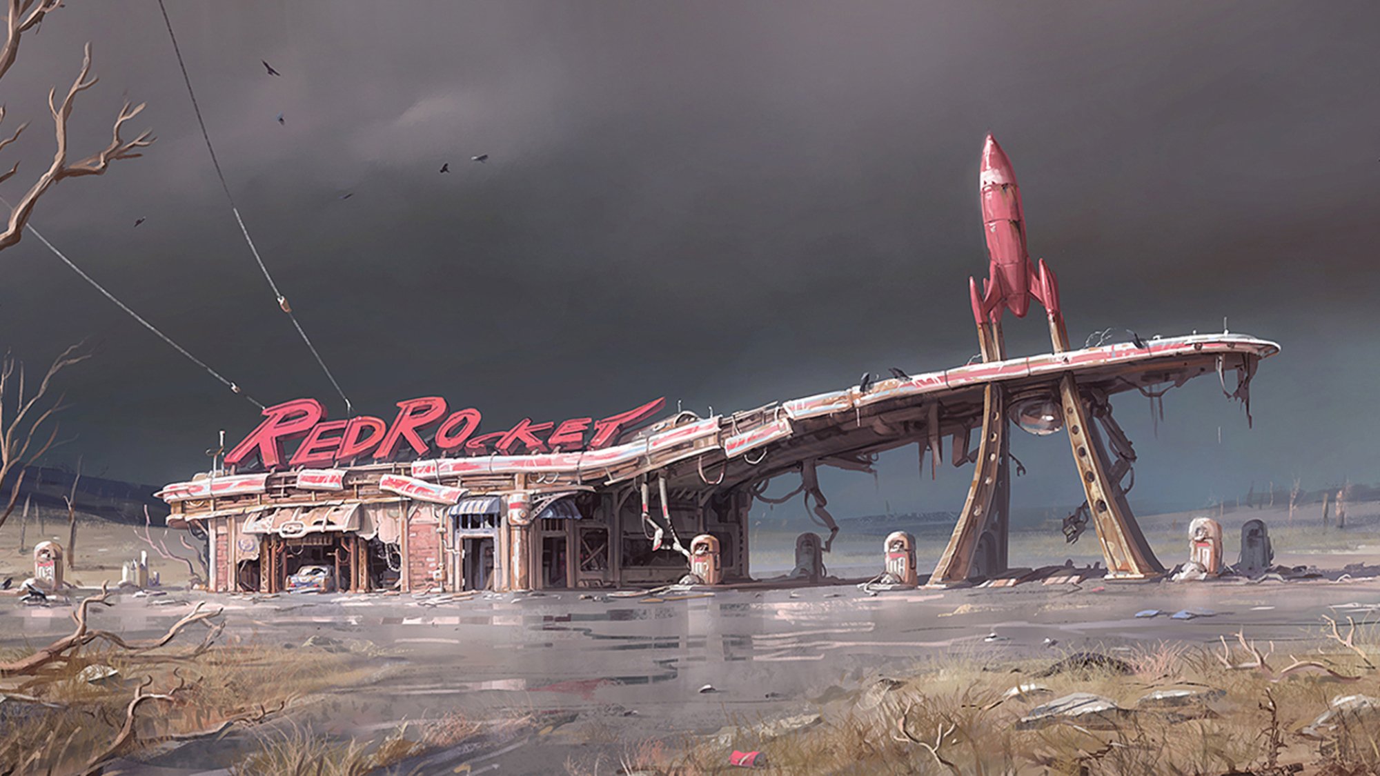 A rendering of the Red Rocket gas station from the game "Fallout 4".