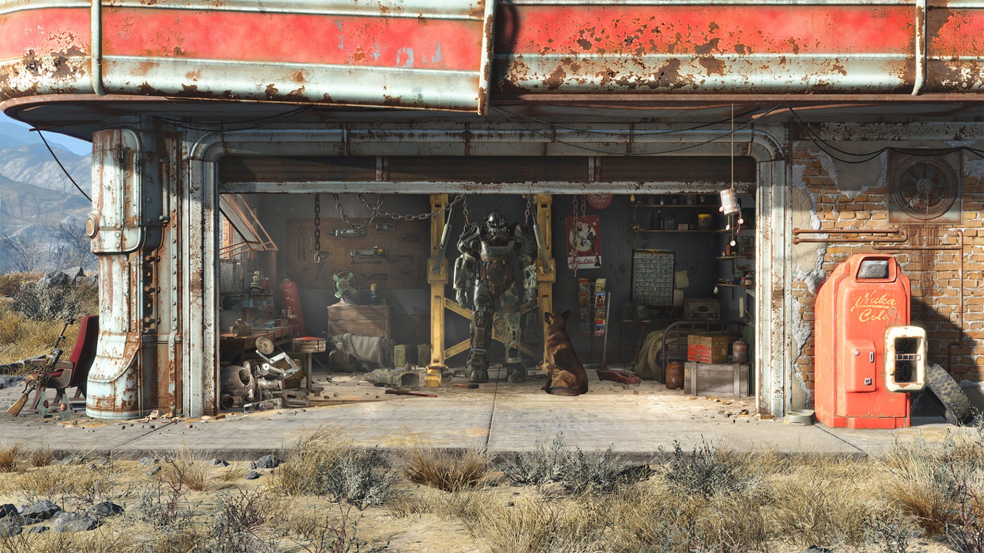 A still from "Fallout 4" showing T-60 power armor sitting in a garage.