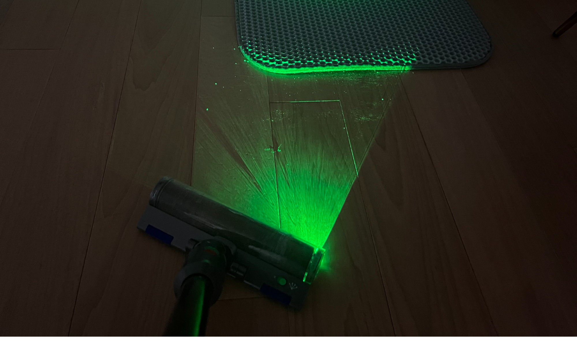 Dyson cordless vacuum shining laser on dust in front of litter box