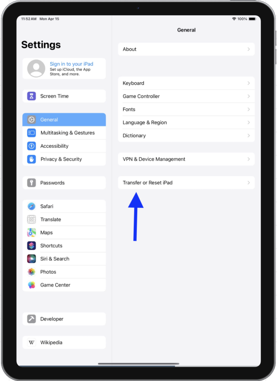 Arrow pointing to Reset option iPad