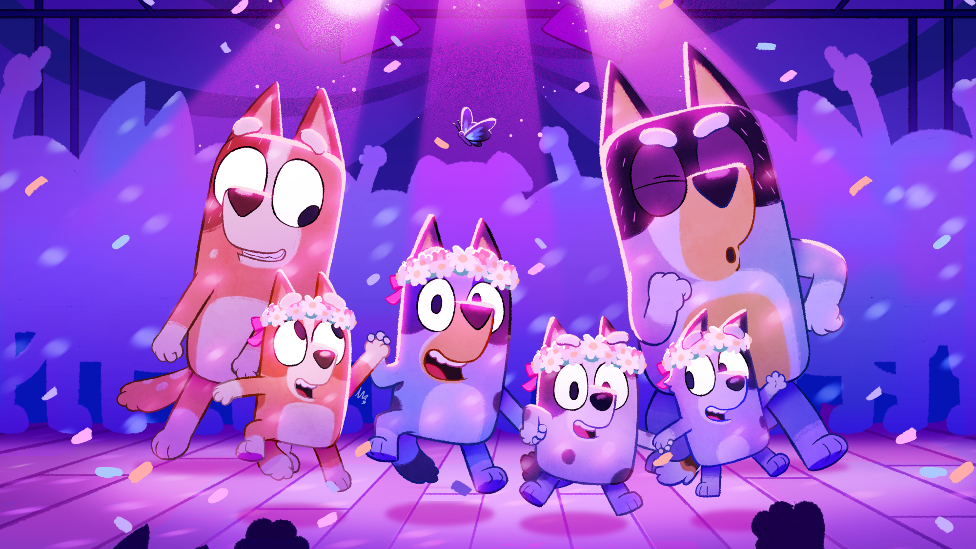 Mum, Dad, Bingo, Bluey, Muffin, and Socks dancing at Rad and Frisky's wedding.