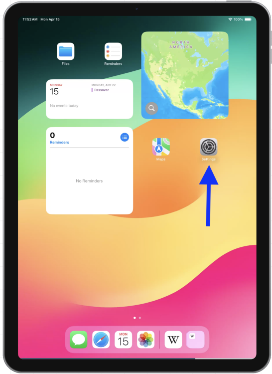 Arrow pointing to Settings app on iPad