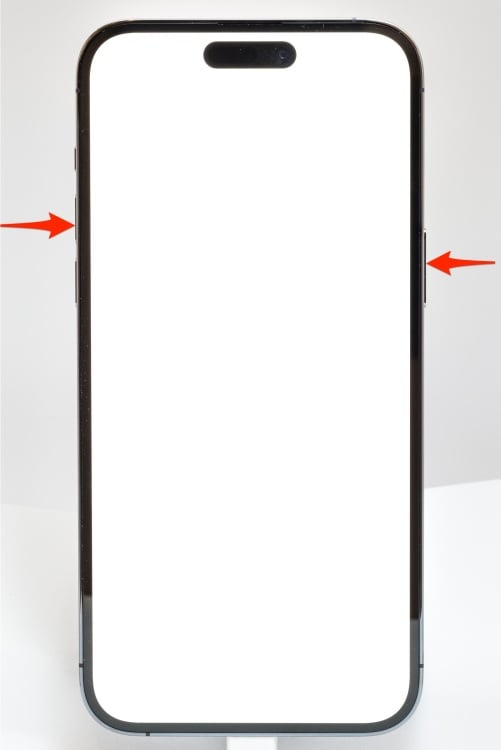 iPhone 14 with arrows pointing to the right side button and the left volume button
