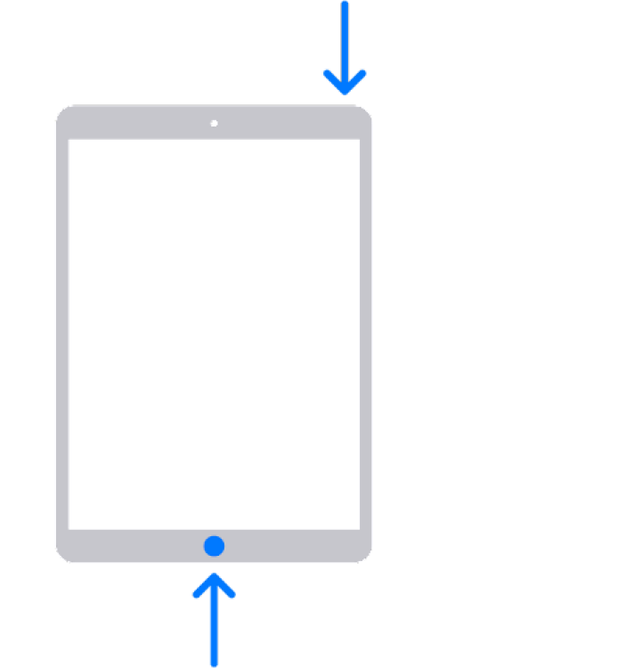 Arrows indicating the top right and home buttons on an Ipad, to press for screenshotting