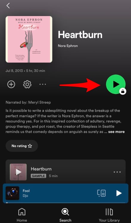 Screenshot of "Heartburn" by Nora Ephron on Spotify with a red arrow pointing to the play button.