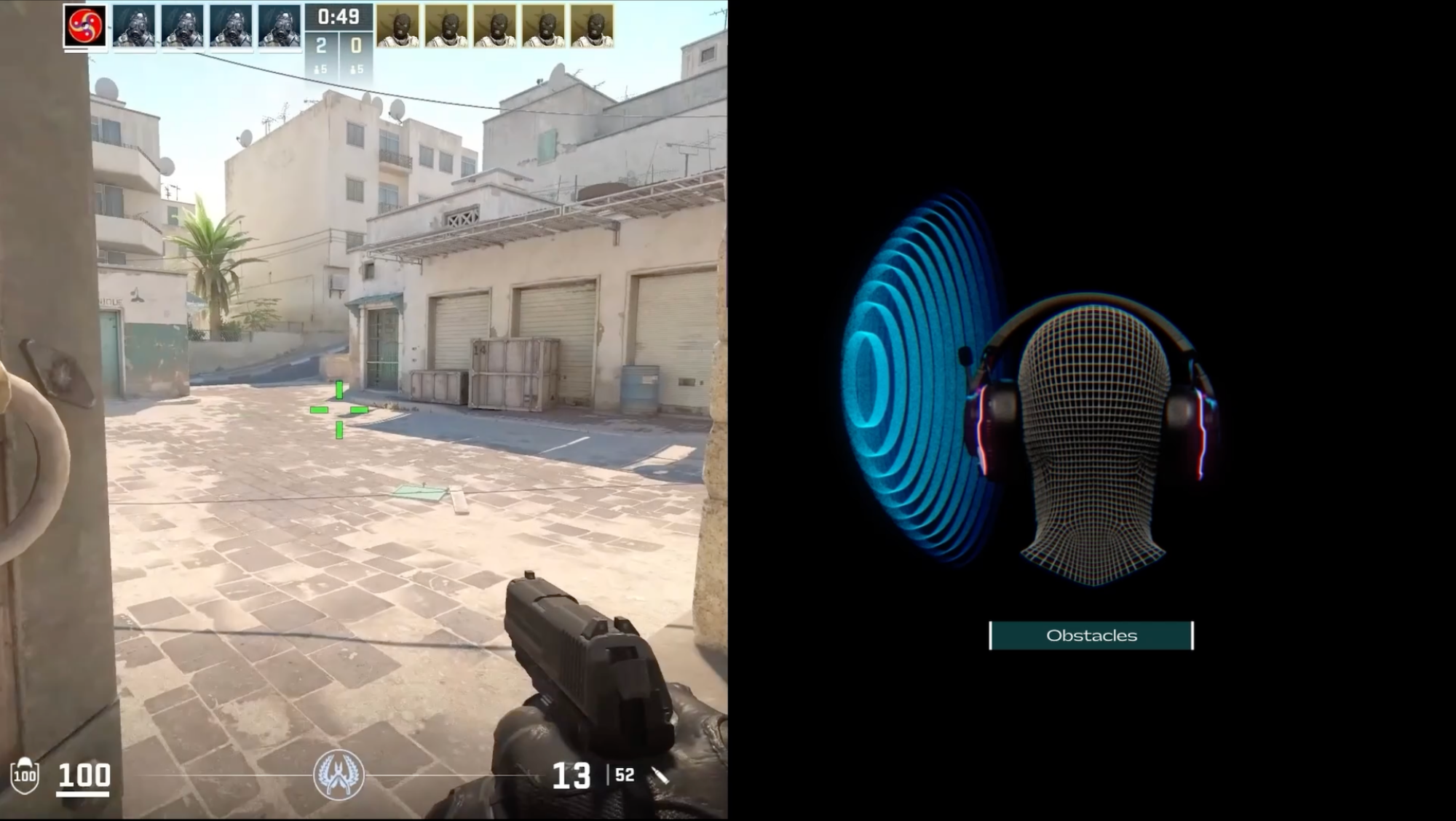A screenshot of a first-person shooter with JBL's Guide Play echolocation tech.