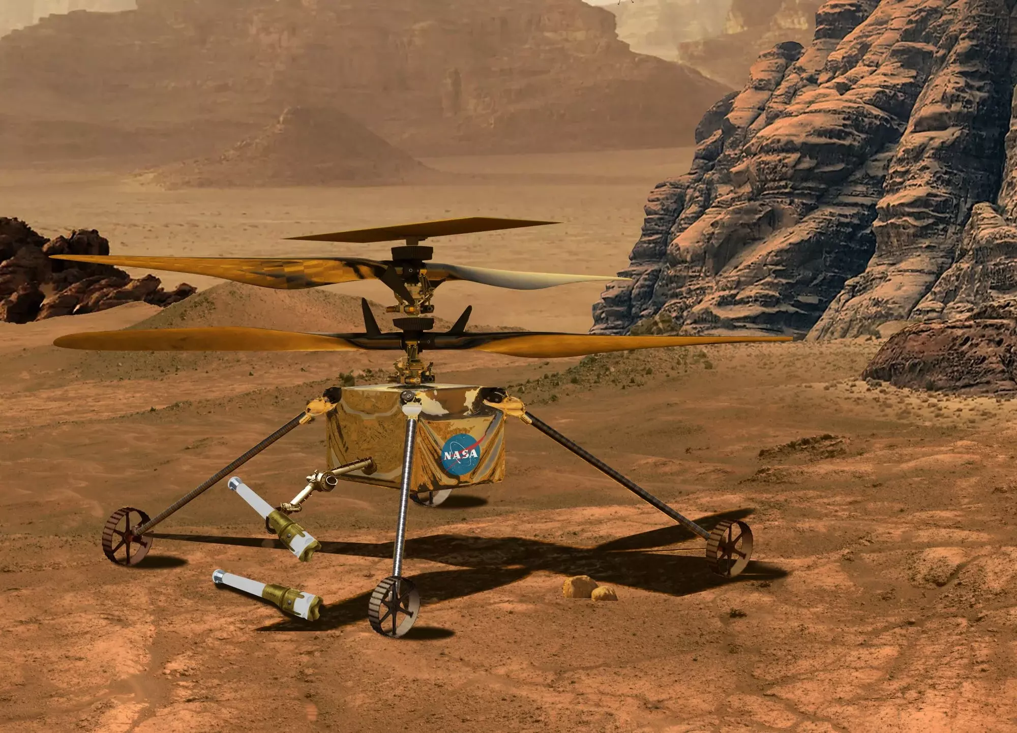 Mars helicopter picking up sample tubes