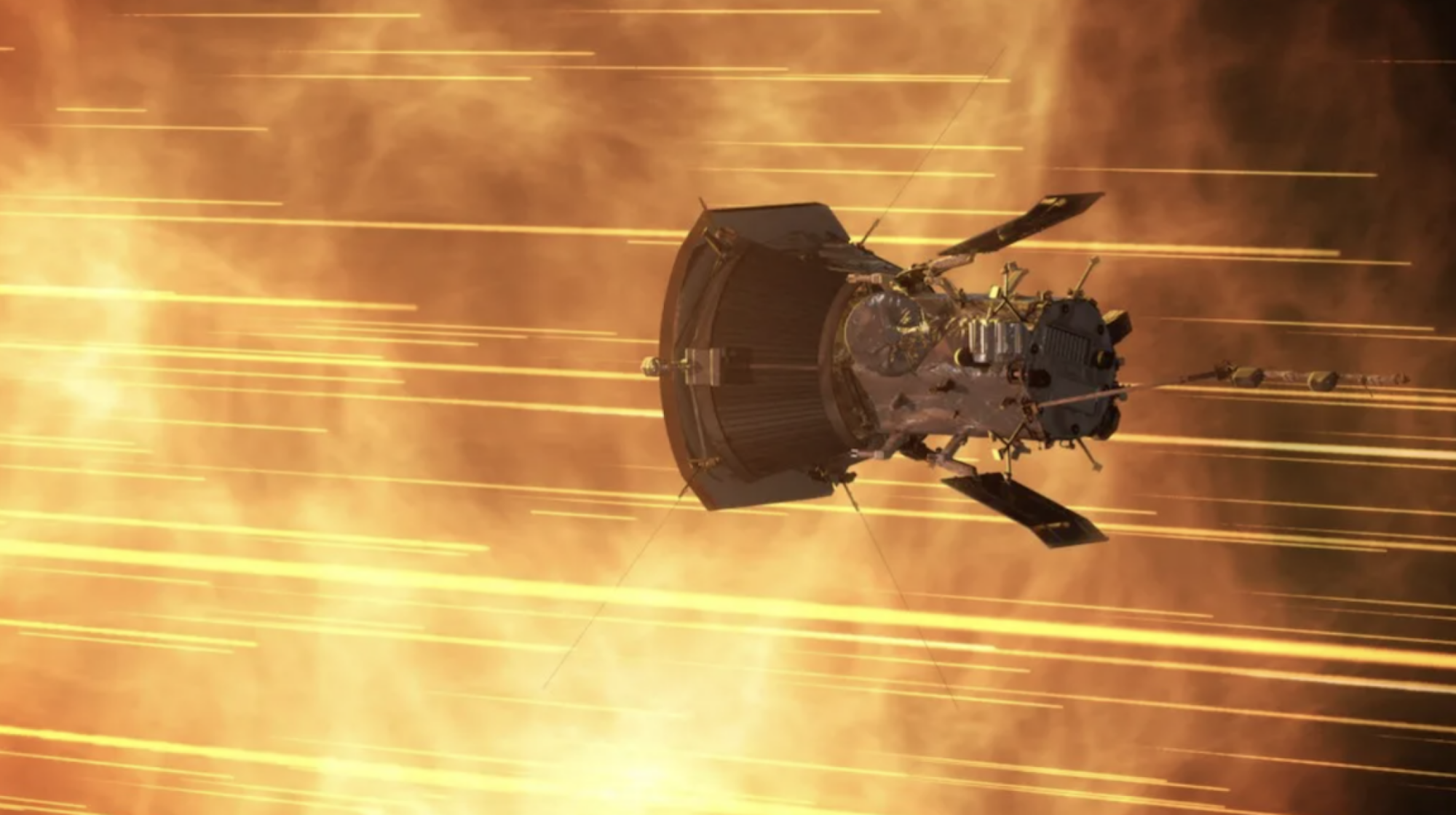 An artist's conception of NASA's Parker Solar Probe passing through the sun's outer atmosphere, or corona.