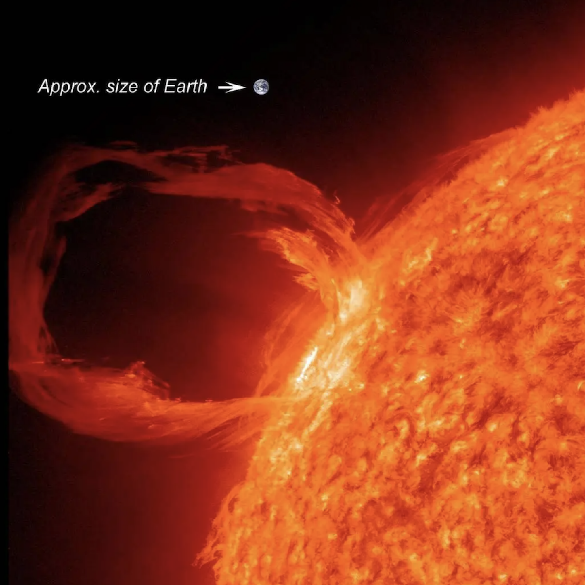 Earth compared to a large solar prominence erupting from the sun's surface.