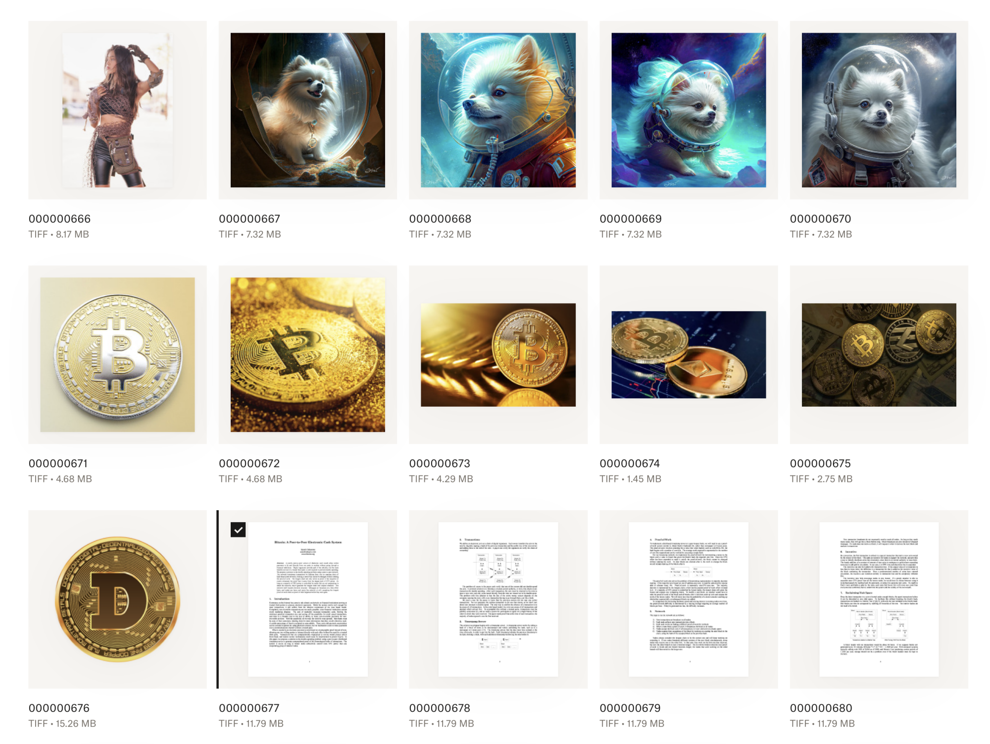 A sheet of images including dogs in space and crypto coins.