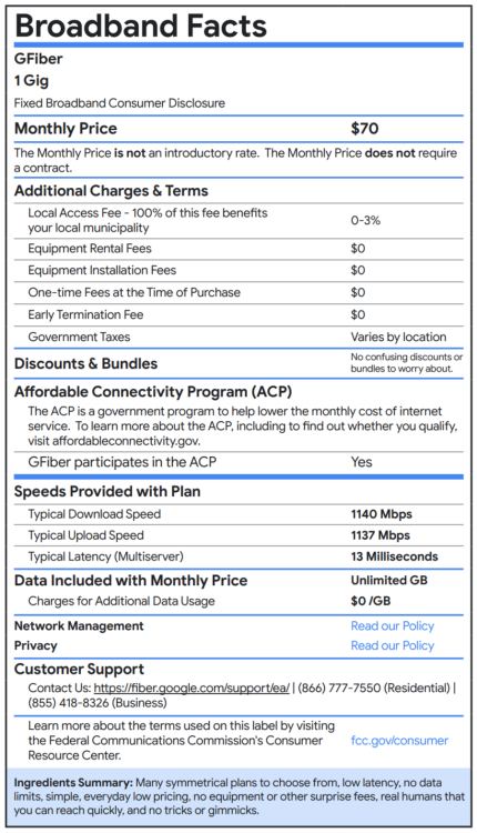 GFiber Nutrition Label