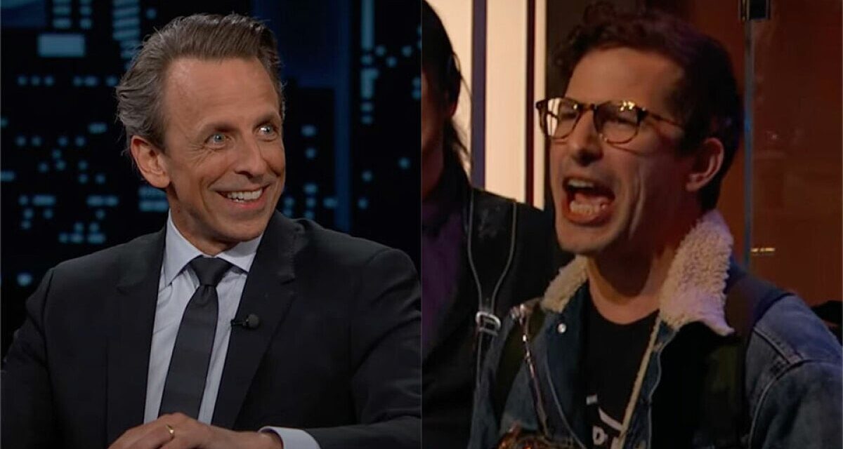 Andy Samberg gleefully heckles Seth Meyers’ interview on Kimmel